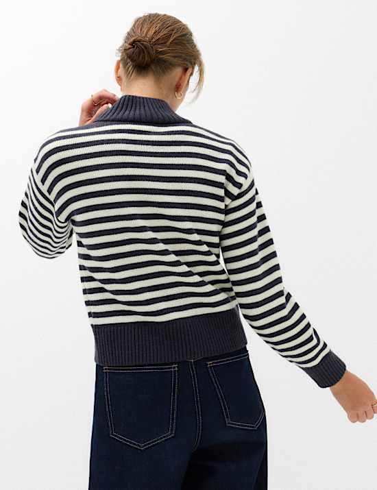 Striped Funnel Neck Zip Up Knitted Jacket With Wool