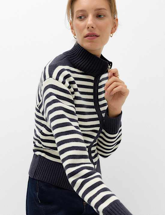 Striped Funnel Neck Zip Up Knitted Jacket With Wool