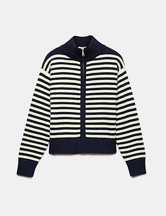 Striped Funnel Neck Zip Up Knitted Jacket With Wool