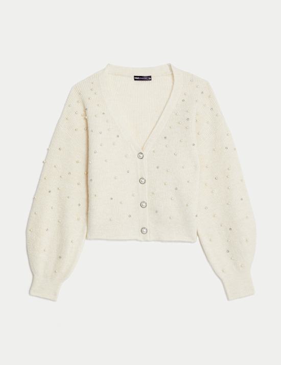 Kardigan Kancing Depan Kerah V Dengan Hiasan