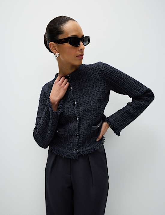 Cotton Rich Knitted Crew Neck Fringe Cardigan