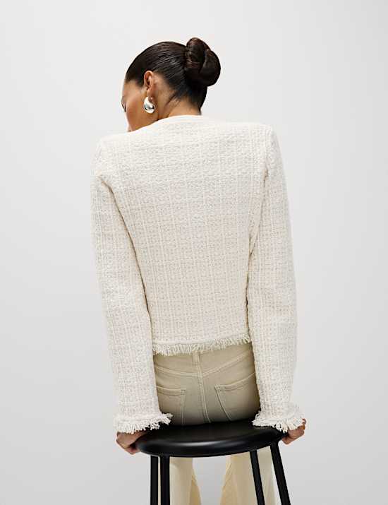 Cotton Rich Knitted Crew Neck Fringe Cardigan