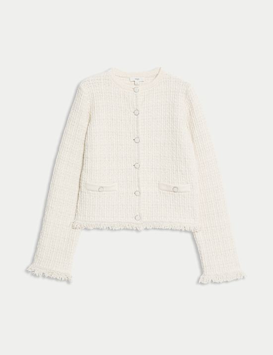 Cotton Rich Knitted Crew Neck Fringe Cardigan
