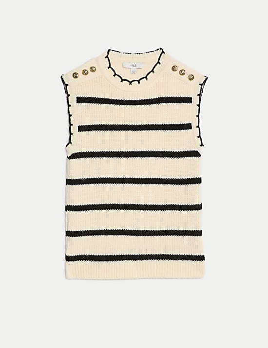 Striped Crew Neck Scalloped Edge Knitted Vest