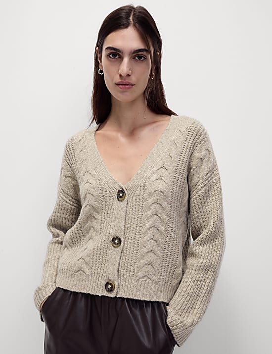 Textured V-Neck Relaxed Cardigan with Wool