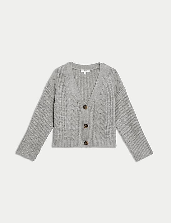 Textured V-Neck Relaxed Cardigan with Wool