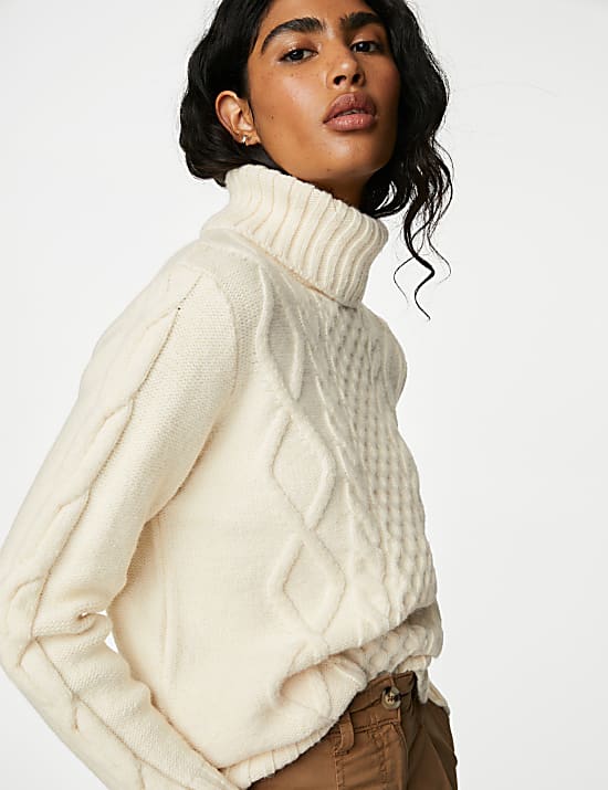 Cable Knit Roll Neck Longline Jumper IVORY Jumpers M S GR