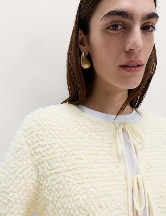 Textured Tie Front Cardigan with Wool