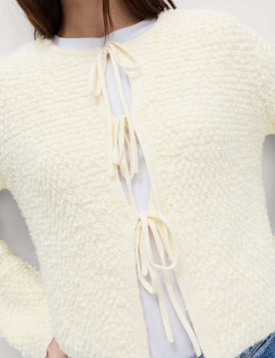 Textured Tie Front Cardigan with Wool