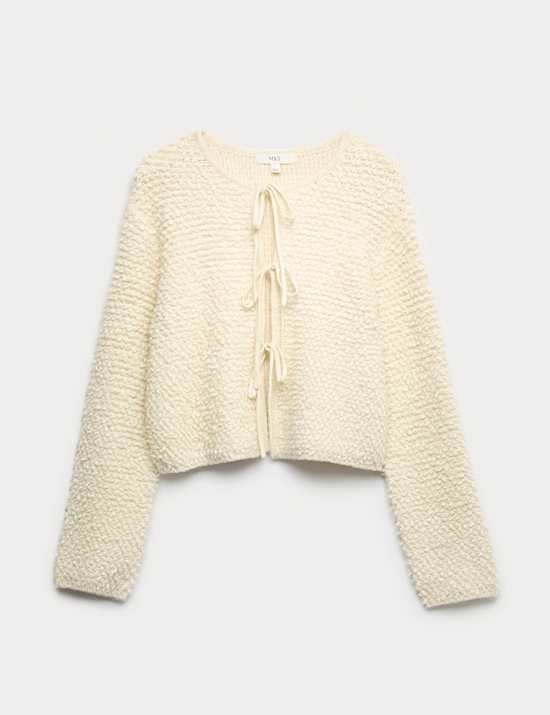 Textured Tie Front Cardigan with Wool