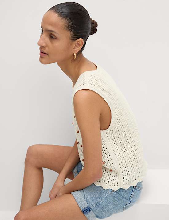 Camiseta corta ajustada sin mangas en mezcla de algod&oacute;n texturizado