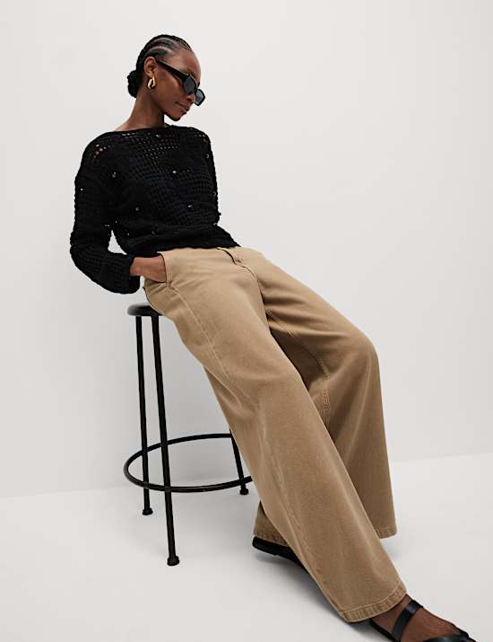 Cotton Blend Open Stitch Relaxed Cropped Jumper