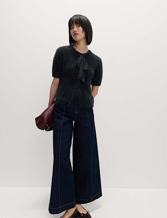 Textured Crew Neck Tie Fastening Cardigan