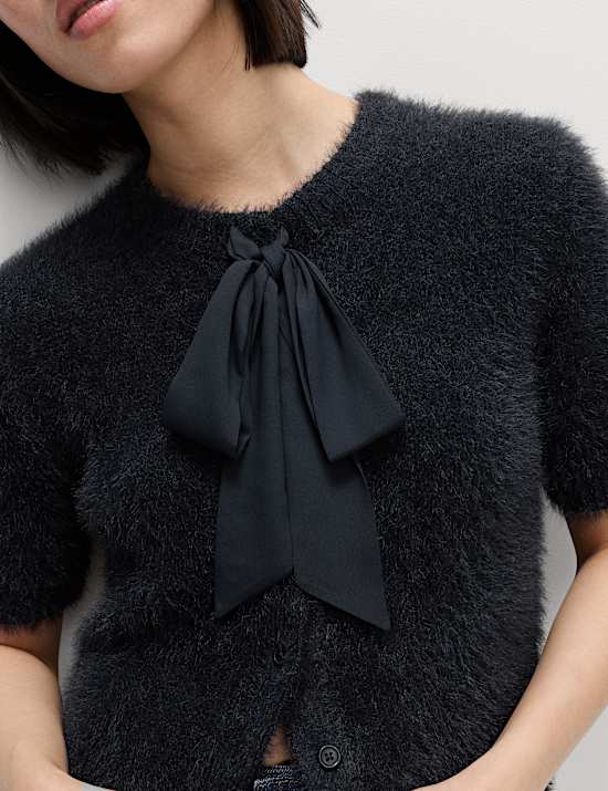 Textured Crew Neck Tie Fastening Cardigan