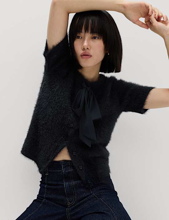 Textured Crew Neck Tie Fastening Cardigan