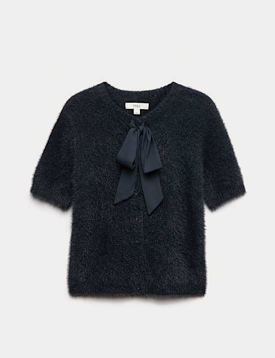 Textured Crew Neck Tie Fastening Cardigan