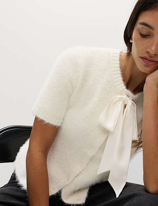 Textured Crew Neck Tie Fastening Cardigan