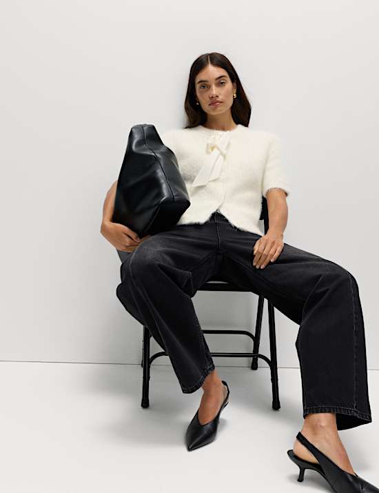 Textured Crew Neck Tie Fastening Cardigan