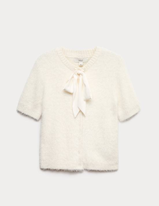 Textured Crew Neck Tie Fastening Cardigan