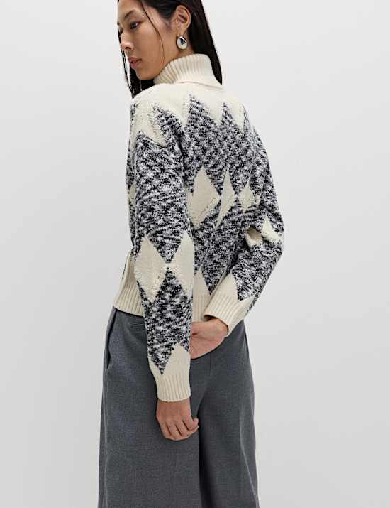 Tweed Argyle Roll Neck Jumper