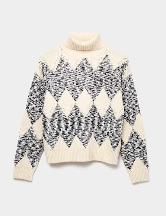Tweed Argyle Roll Neck Jumper