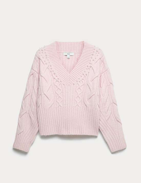 Cable Knit V-Neck Cropped Jumper with Alpaca Wool