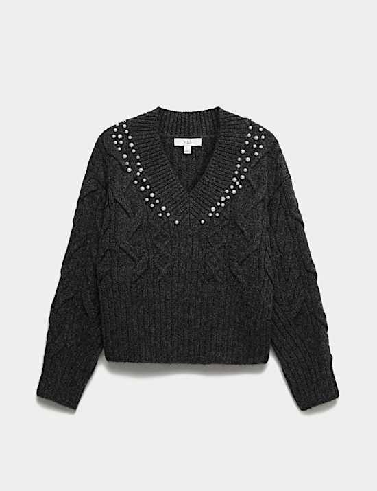 Cable Knit V-Neck Cropped Jumper with Alpaca Wool