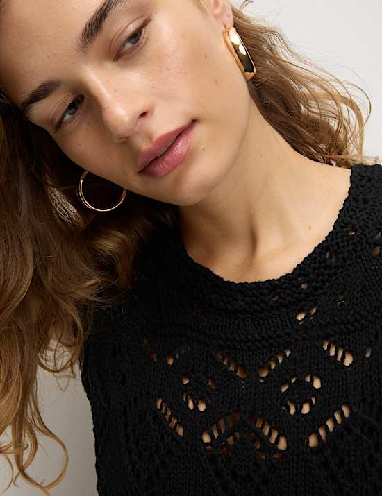 Cotton Blend Textured Crew Neck Beach Dress