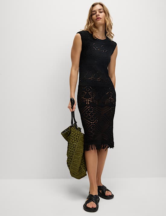 Cotton Blend Textured Crew Neck Beach Dress