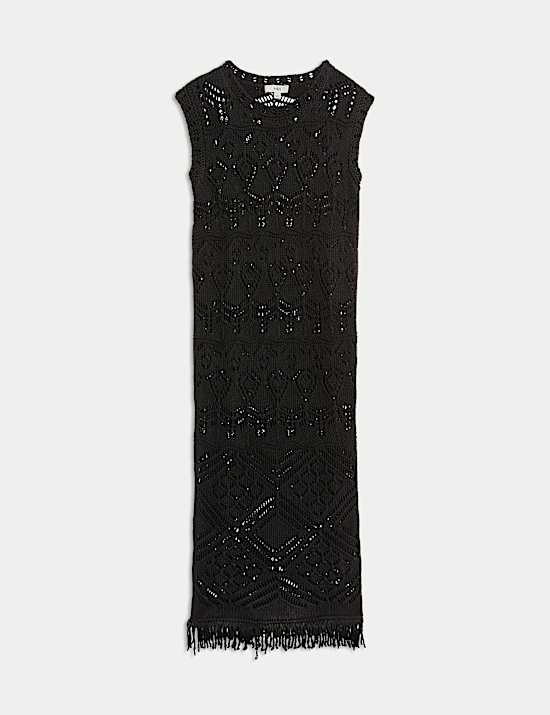 Cotton Blend Textured Crew Neck Beach Dress