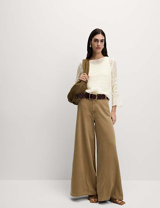 Cotton Rich Pointelle Crew Neck Slim Fit Knitted Top