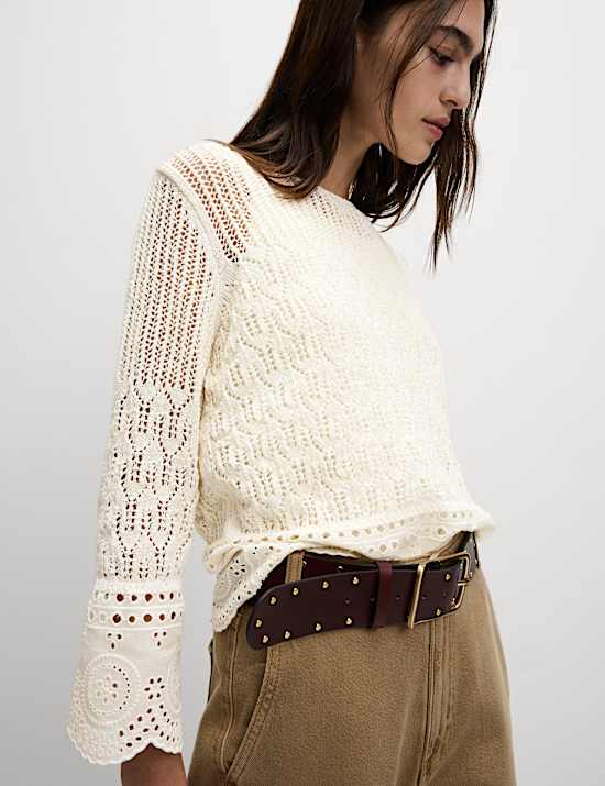 Cotton Rich Pointelle Crew Neck Slim Fit Knitted Top