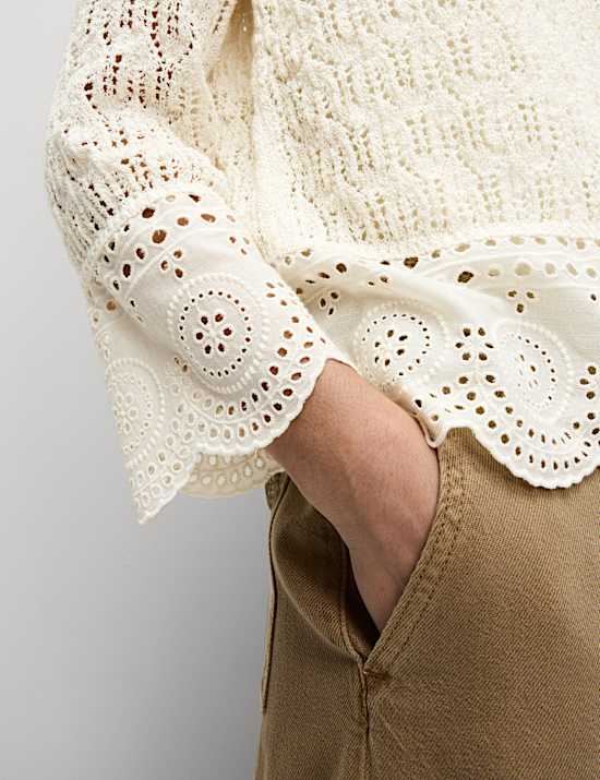 Cotton Rich Pointelle Crew Neck Slim Fit Knitted Top