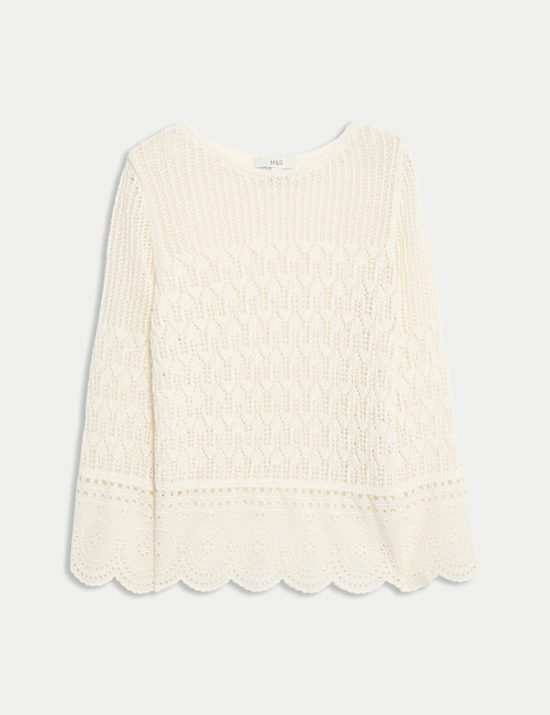 Cotton Rich Pointelle Crew Neck Slim Fit Knitted Top