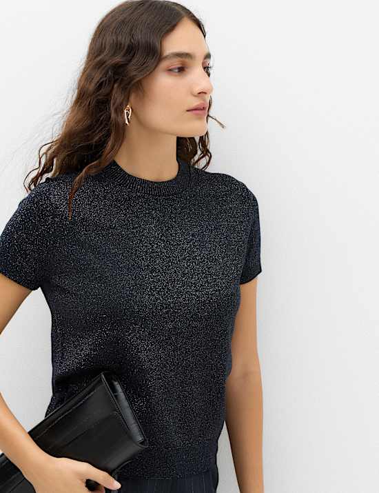 Sparkly Crew Neck Slim Fit Knitted Top