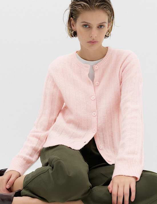 Ribbed Crew Neck Cardigan with Wool