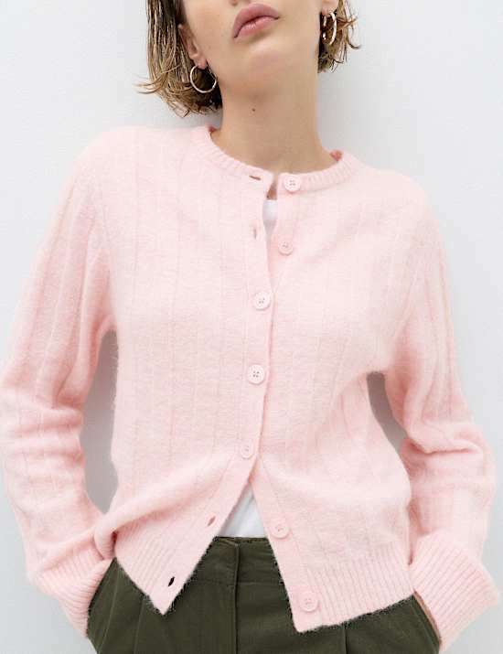 Ribbed Crew Neck Cardigan with Wool