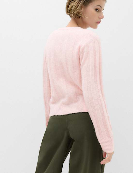 Ribbed Crew Neck Cardigan with Wool