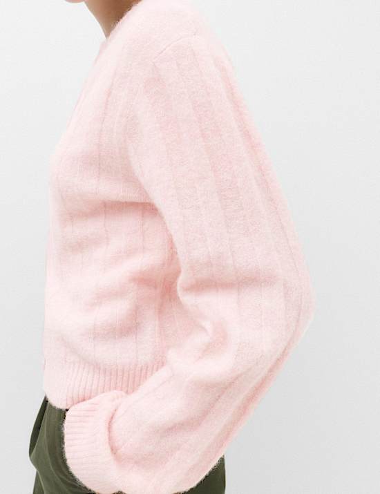 Ribbed Crew Neck Cardigan with Wool