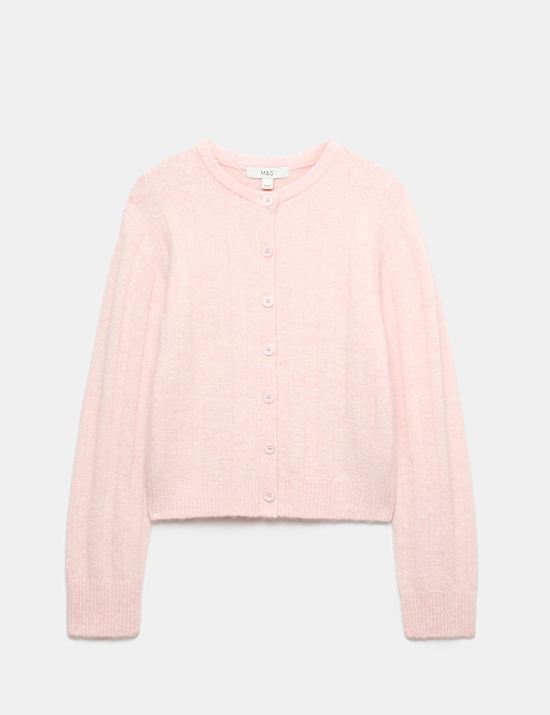 Ribbed Crew Neck Cardigan with Wool