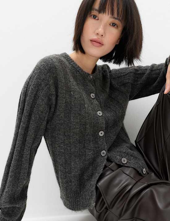 Ribbed Crew Neck Cardigan with Wool