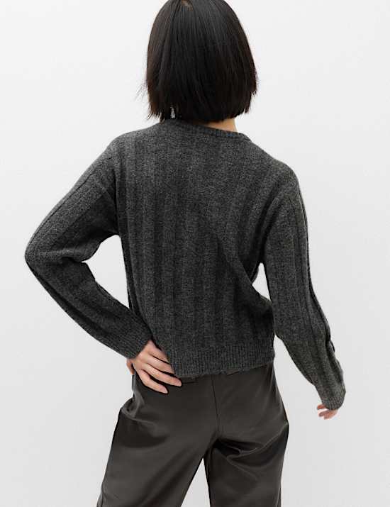 Ribbed Crew Neck Cardigan with Wool