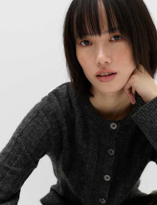 Ribbed Crew Neck Cardigan with Wool