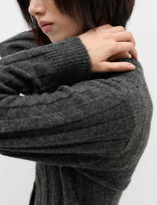 Ribbed Crew Neck Cardigan with Wool