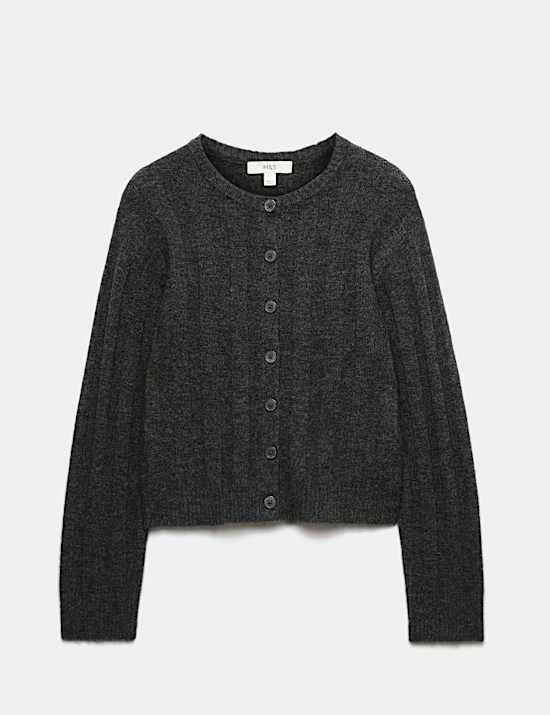 Ribbed Crew Neck Cardigan with Wool