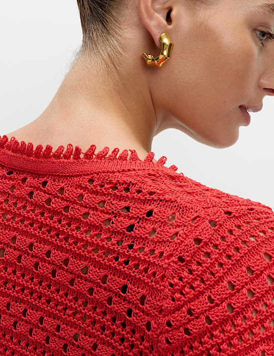 Cropped Pointelle-Cardigan aus Baumwollmischgewebe mit V-Ausschnitt und Bindedetail vorne