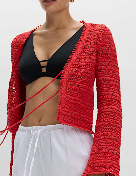 Cropped Pointelle-Cardigan aus Baumwollmischgewebe mit V-Ausschnitt und Bindedetail vorne