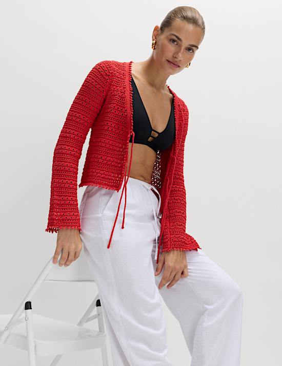 Cropped Pointelle-Cardigan aus Baumwollmischgewebe mit V-Ausschnitt und Bindedetail vorne