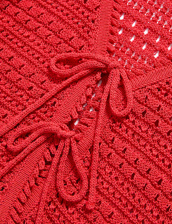 Cropped Pointelle-Cardigan aus Baumwollmischgewebe mit V-Ausschnitt und Bindedetail vorne