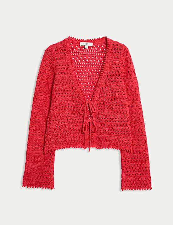 Cropped Pointelle-Cardigan aus Baumwollmischgewebe mit V-Ausschnitt und Bindedetail vorne